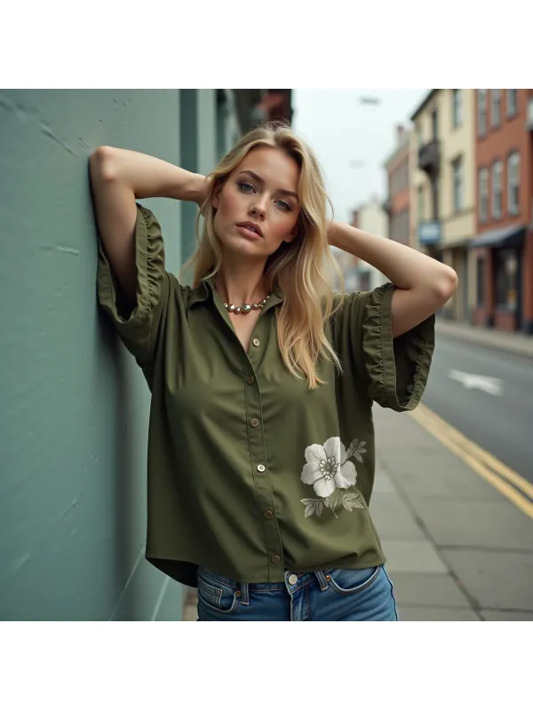 Women's Elegant Flower Embroidered Short Sleeves Shirt - Ootdmw.com 