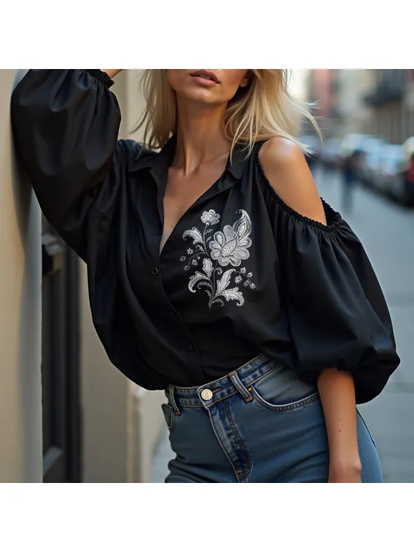 Women's Elegant Embroidered Long Sleeve Shirt - Ootdmw.com 