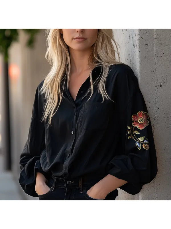 Women's Elegant Floral Embroidered Long Sleeve Shirt - Ootdmw.com 