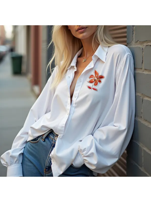Women's Floral Embroidered Long Sleeve Shirt - Ootdmw.com 