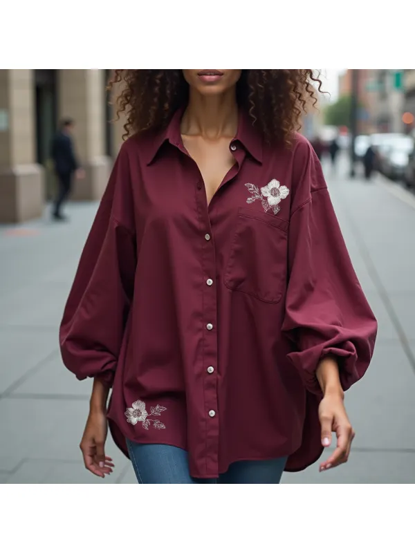 Women's Elegant Flower Embroidered Long Sleeve Shirt - Ootdmw.com 