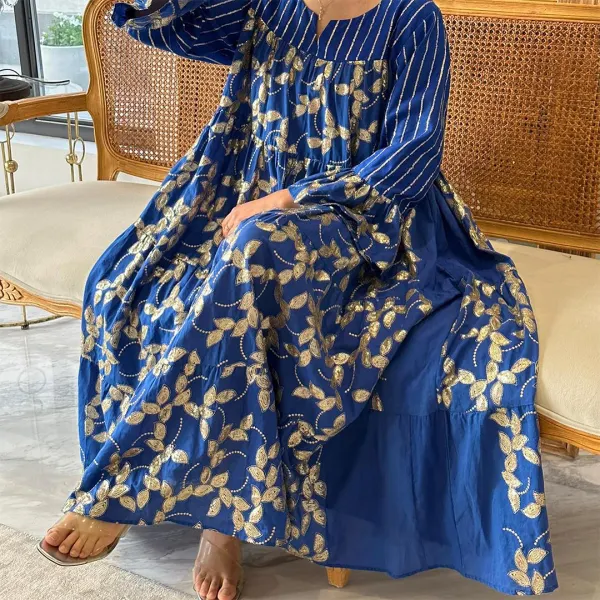 Women's Middle Eastern Floral Print With Vertical Stripes Jalabiya - Spiretime.com 