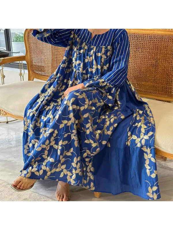 Women's Middle Eastern Floral Print With Vertical Stripes Jalabiya - Ootdmw.com 