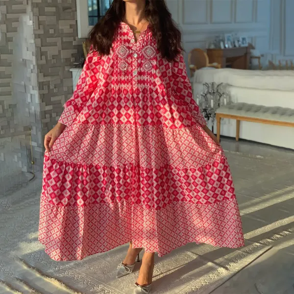 Women's Middle Eastern Retro Geometric Print Jalabiya - Spiretime.com 