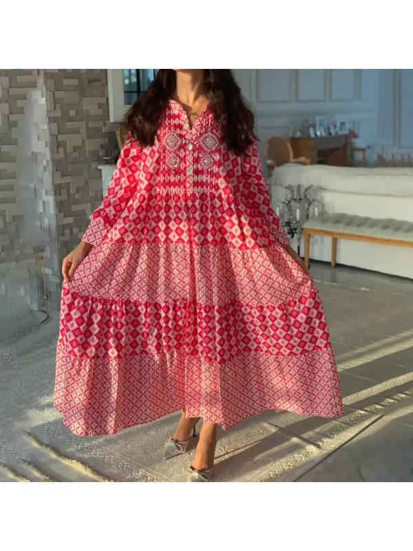Women's Middle Eastern Retro Geometric Print Jalabiya - Ootdmw.com 