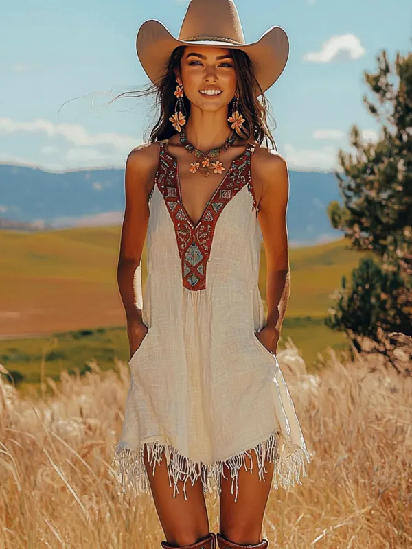 Women's Bohemian Ethnic V-neck Sleeveless Tent Mini Dress - Wantbright.com 