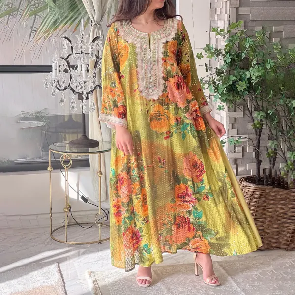 Womens Middle Eastern Bohemian Floral Print Jalabiya - Spiretime.com 