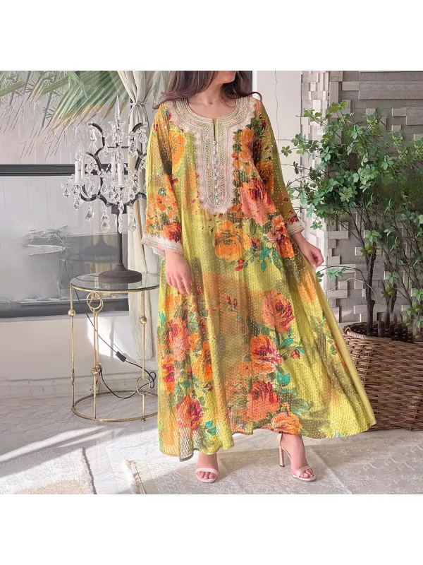 Womens Middle Eastern Bohemian Floral Print Jalabiya - Ootdmw.com 