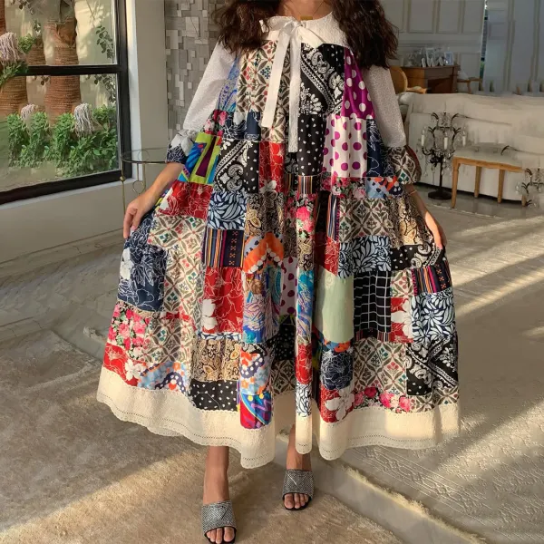 Women's Middle Eastern Retro Patchwork Art Print Jalabiya - Spiretime.com 