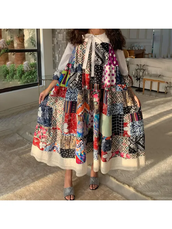 Women's Middle Eastern Retro Patchwork Art Print Jalabiya - Ootdmw.com 