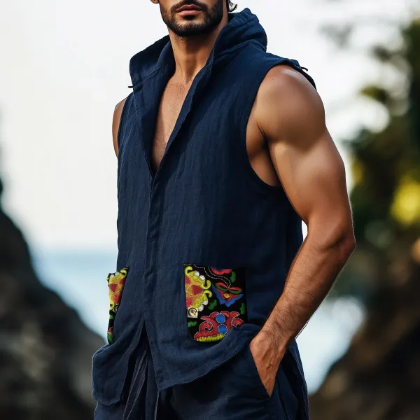 Men's Casual Retro Cotton And Linen Embroidered Vest Tops - Zivinfo.com 