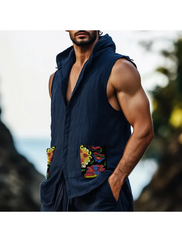 Men's Casual Retro Cotton And Linen Embroidered Vest Tops - Ootdmw.com 