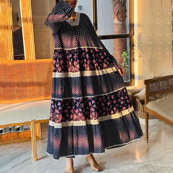 Women's Middle Eastern Floral Print Polka Dot Jalabiya - Spiretime.com 