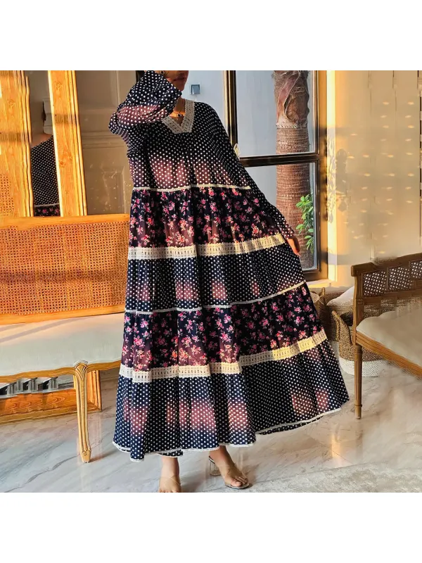 Women's Middle Eastern Floral Print Polka Dot Jalabiya - Ootdmw.com 