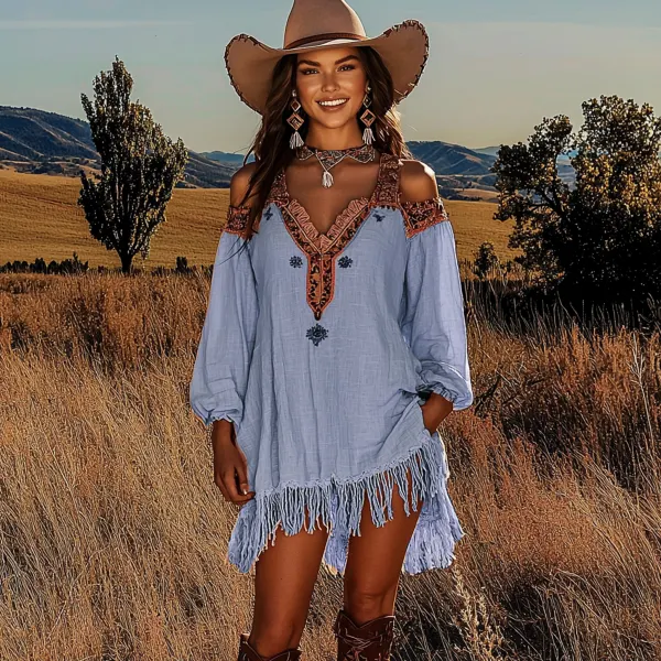 Women's Bohemian Cut-out Shoulder Long Sleeve Mini Dress - Anurvogel.com 
