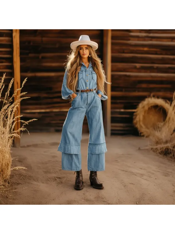 Western Cowgirl Denim Elegance High-Waisted Wide-Leg Jumpsuit - Ootdmw.com 