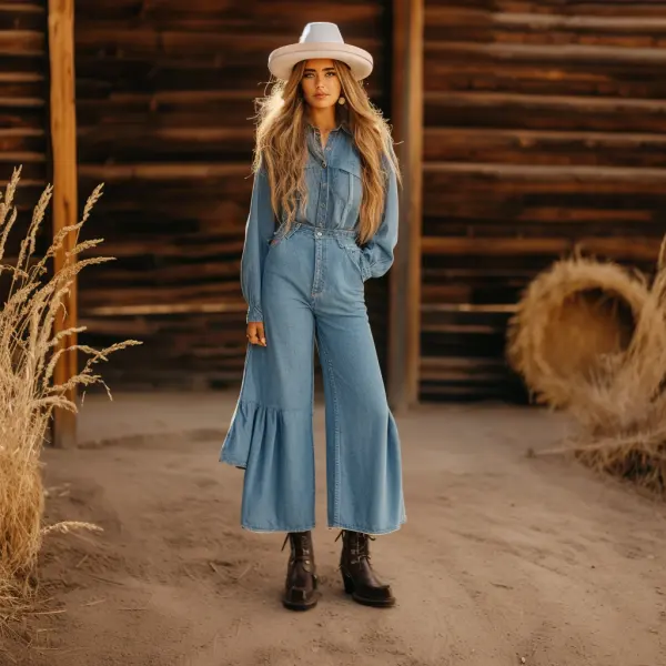 Western Cowgirl Denim Flare Jumpsuit - Zivinfo.com 