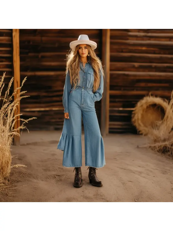 Western Cowgirl Denim Flare Jumpsuit - Ootdmw.com 