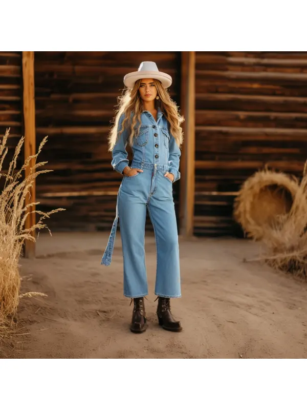 Western Cowgirl Denim Elegance High-Waisted Wide-Leg Jumpsuit - Ootdmw.com 
