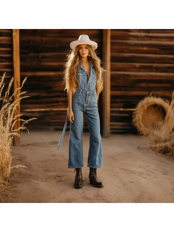 Western Cowgirl Denim Flare Jumpsuit - Ootdmw.com 