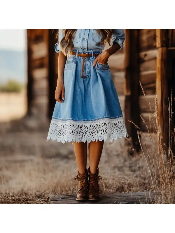 Western Cowgirl Lace-up Chic Denim Dress - Ootdmw.com 