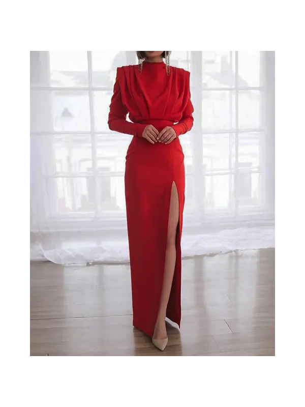 Elegant Red High-Slit Long Dress With Puff Sleeves And Backless Design - Ootdmw.com 
