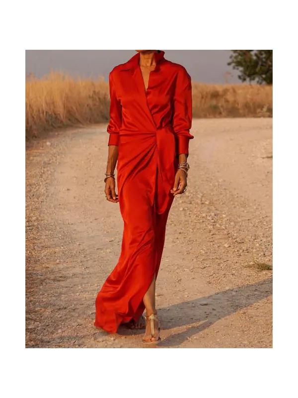 Elegant Red Silk Wrap Dress With Long Sleeves - Ootdmw.com 