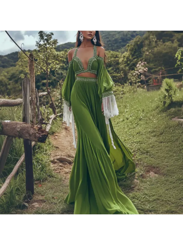 Elegant Green Bohemian Maxi Dress With Tassel Sleeves - Ootdmw.com 