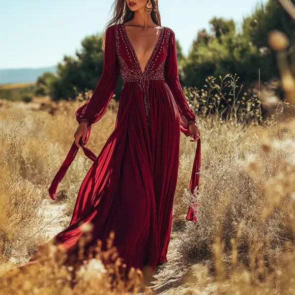 Vacation Style Elegant Wine Red Maxi Dress - Spiretime.com 