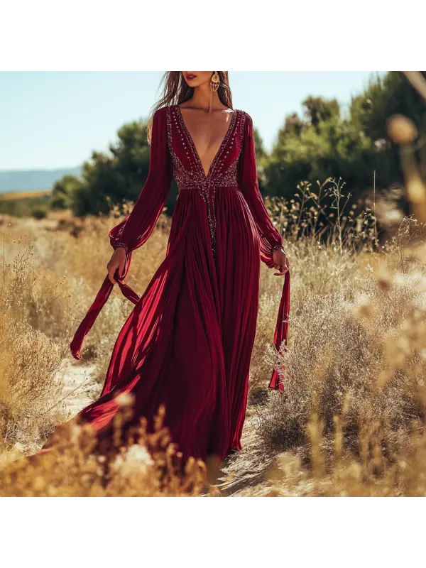 Vacation Style Elegant Wine Red Maxi Dress - Ootdmw.com 