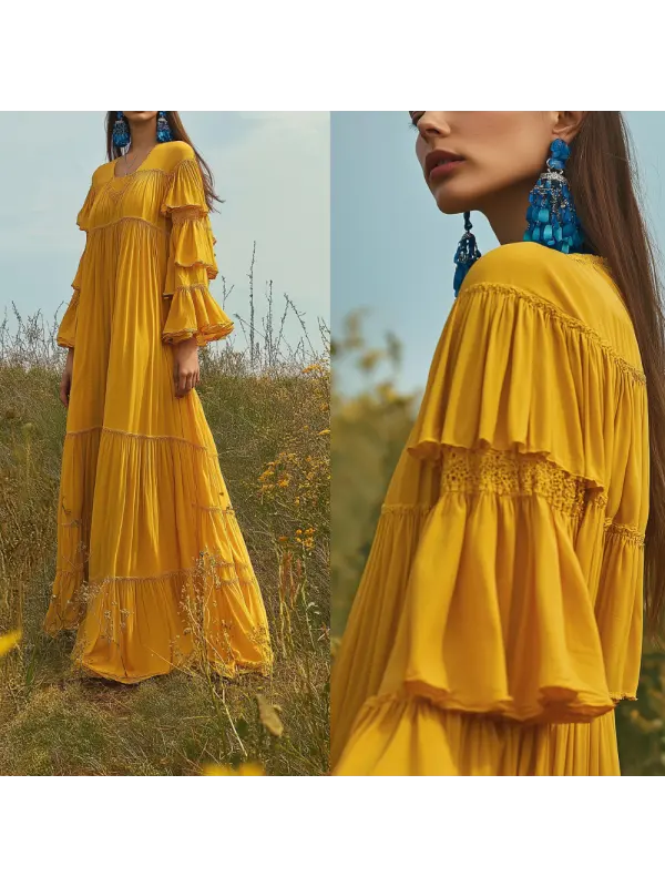 Golden Yellow Tiered Maxi Dress With Ruffled Sleeves - Ootdmw.com 