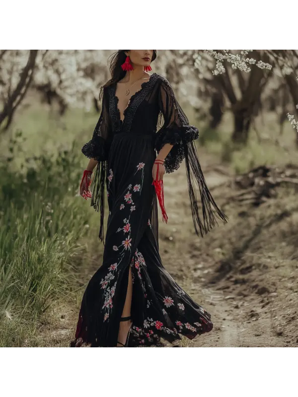 Elegant Black Floral Maxi Dress With Lace Sleeves - Ootdmw.com 