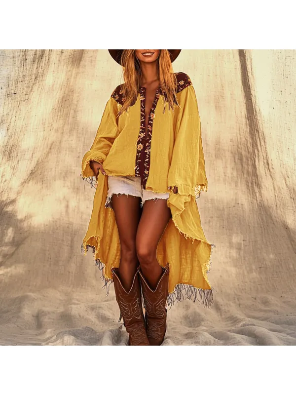 Women's Bohemian Ethnic Floral Stitching Linen Dress - Anrider.com 