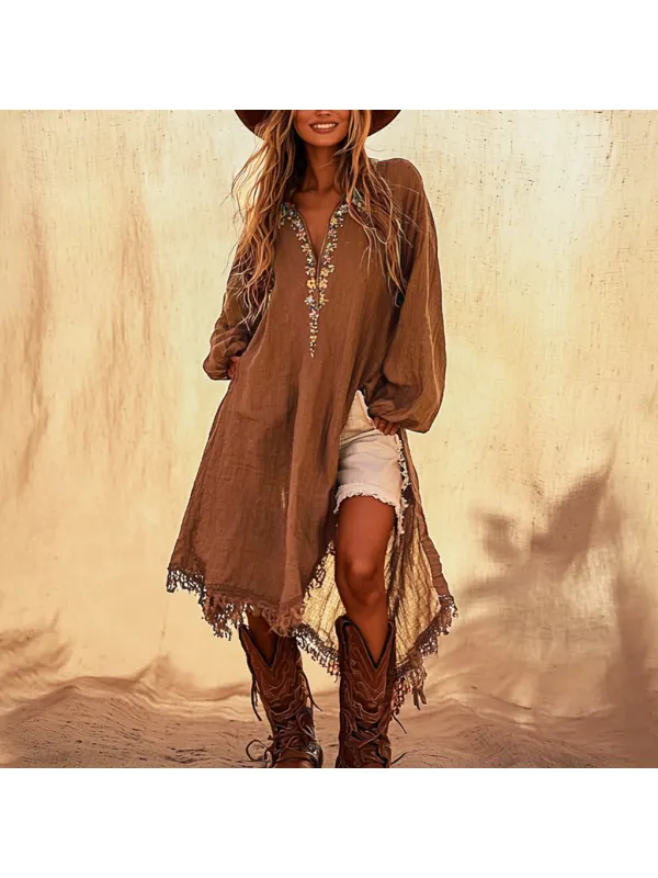 Woman Bohemian Ethnic Linen Dress - Anrider.com 