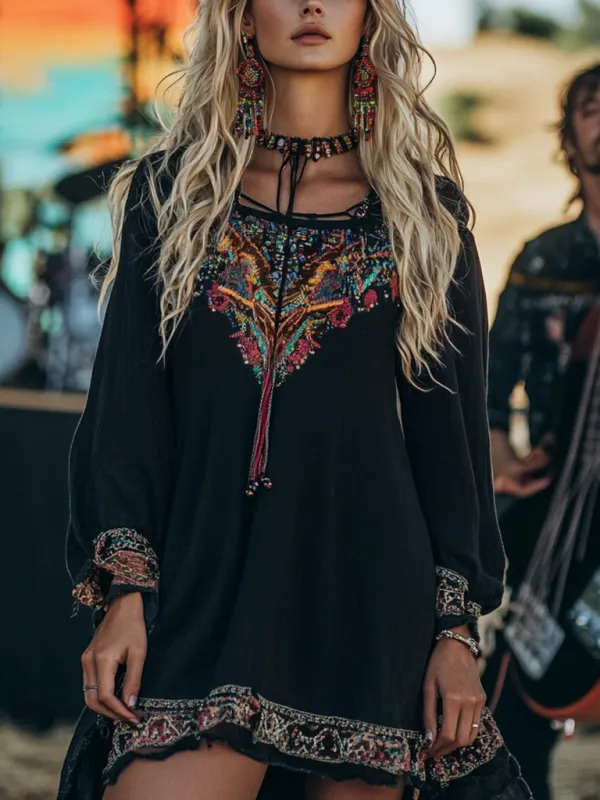 Coachella Music Festival Rock Party Carnival Vintage Wilderness Ethnic Bohemian Linen Dress - Pragmaace.com 