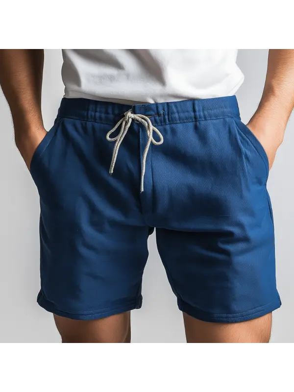 Men's Navy Blue Drawstring Linen Shorts - Ootdmw.com 