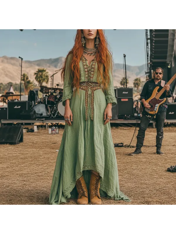 Coachella Music Festival Rock Party Carnival Vintage Wilderness Ethnic Bohemian Linen Dress - Anrider.com 