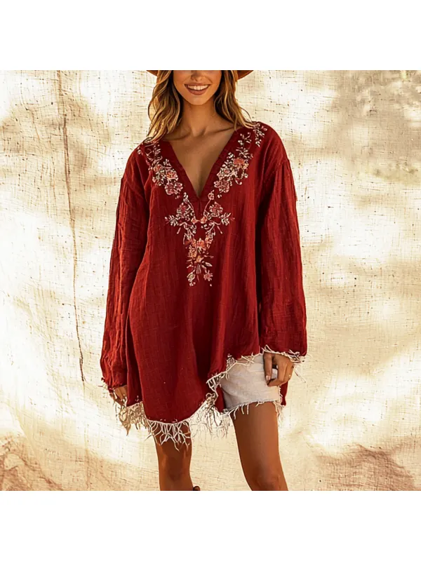 Women's Bohemian V-neck Casual Loose Long-sleeved Shirt - Ootdmw.com 