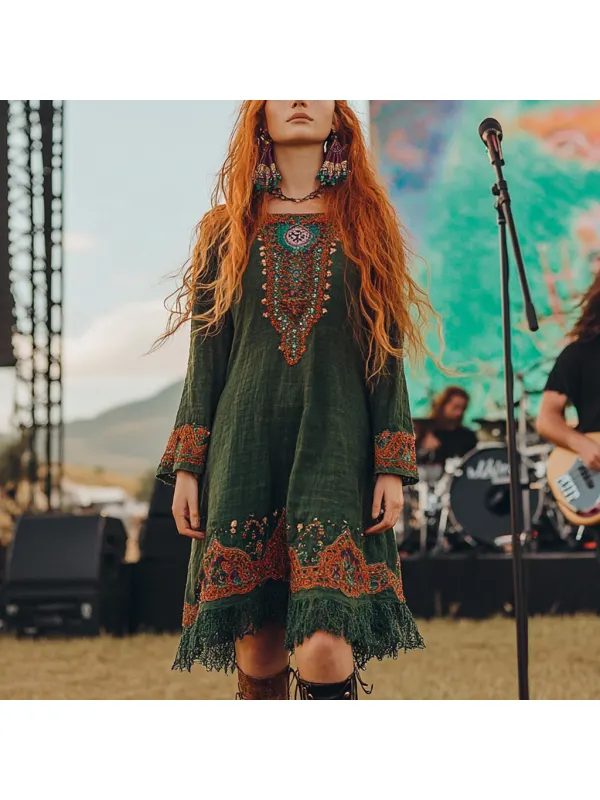 Coachella Music Festival Rock Party Carnival Vintage Wilderness Ethnic Bohemian Linen Dress - Ootdmw.com 