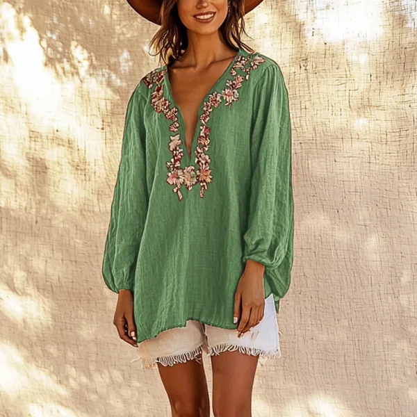 Women's Bohemian Loose Long Sleeve Shirt - Anurvogel.com 