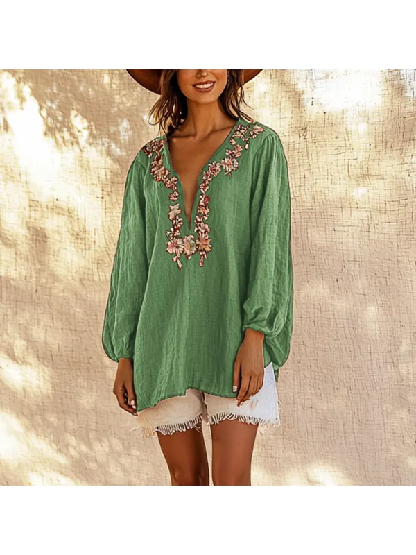 Women's Bohemian Loose Long Sleeve Shirt - Ootdmw.com 