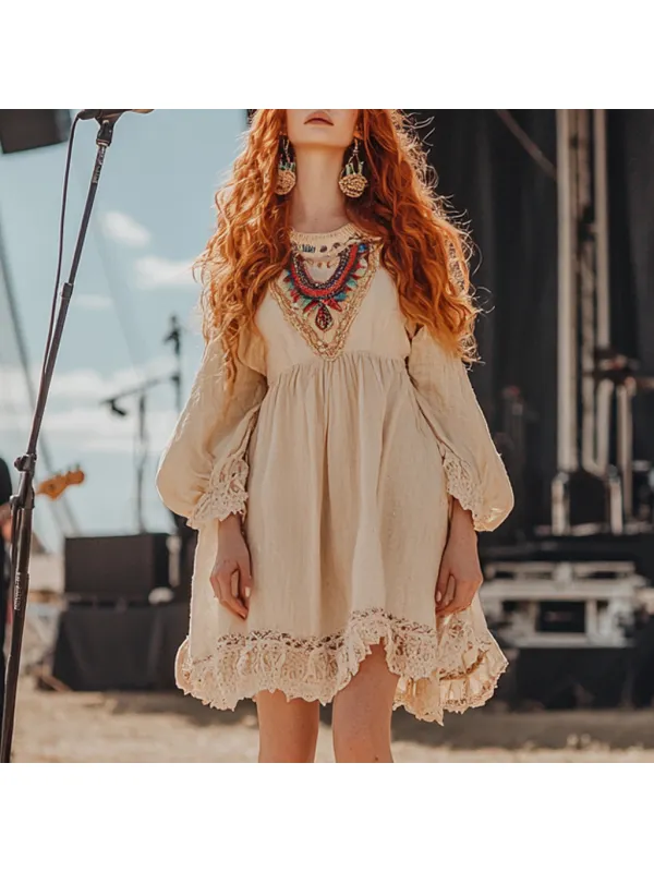 Coachella Music Festival Rock Party Carnival Vintage Wilderness Ethnic Bohemian Linen Dress - Anrider.com 