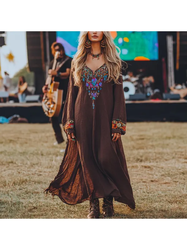 Coachella Music Festival Rock Party Carnival Vintage Wilderness Ethnic Bohemian Linen Dress - Ootdmw.com 
