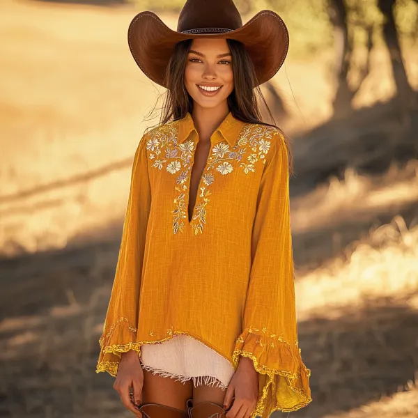 Women's Ethnic Bohemian Floral Trumpet Long Sleeve Shirt - Anurvogel.com 