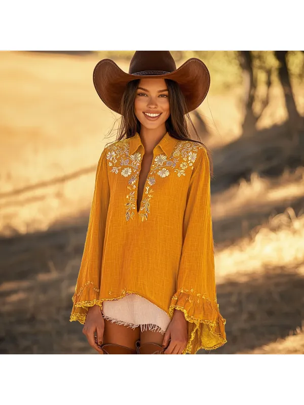 Women's Ethnic Bohemian Floral Trumpet Long Sleeve Shirt - Ootdmw.com 