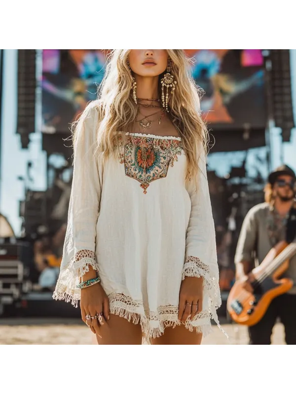 Coachella Music Festival Rock Party Carnival Vintage Wilderness Ethnic Bohemian Linen Dress - Realyiyishop.com 