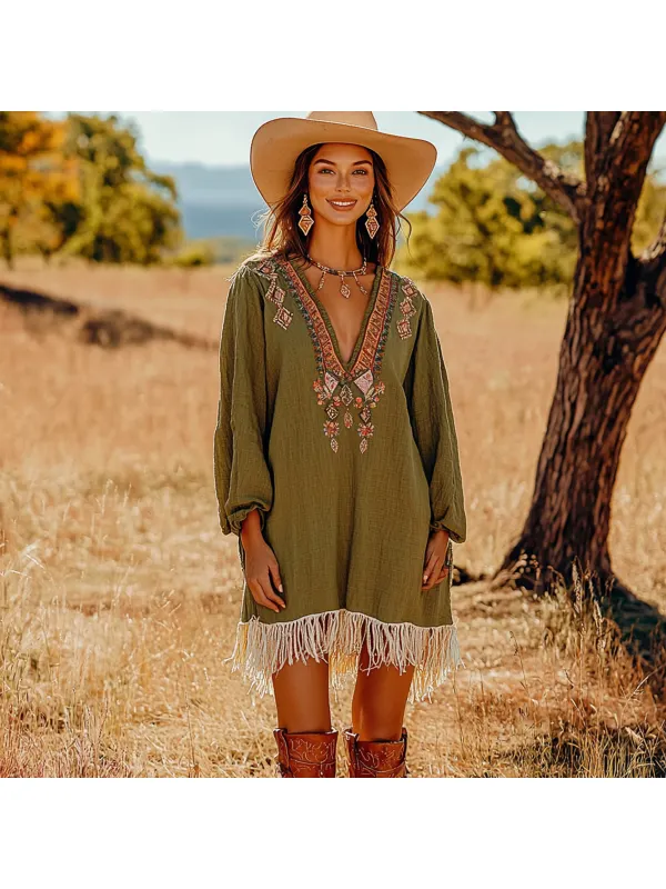 Women's Bohemian V-neck Loose Long Sleeve Mini Dress - Ootdmw.com 