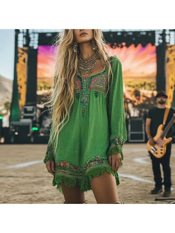 Coachella Music Festival Rock Party Carnival Vintage Wilderness Ethnic Bohemian Linen Dress - Cominbuy.com 