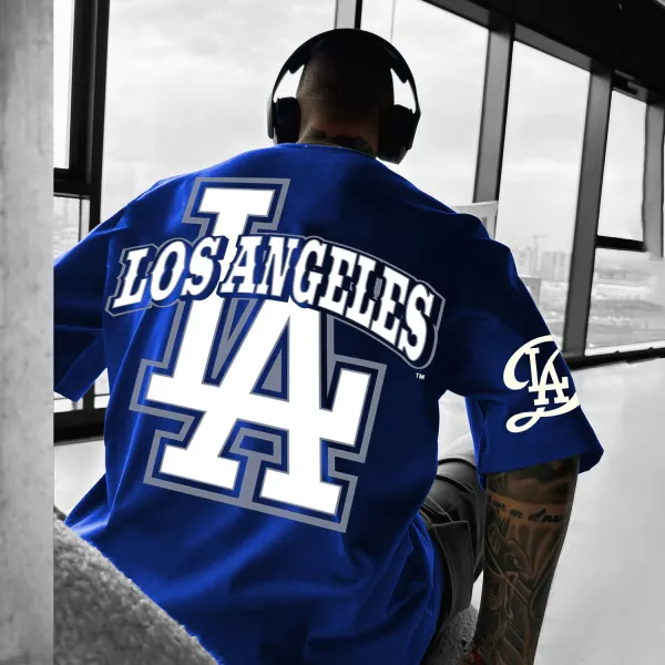 Men's Los Angeles Dodgers Lettering Print Oversized Blue T-shirt - Menzfolk.com 