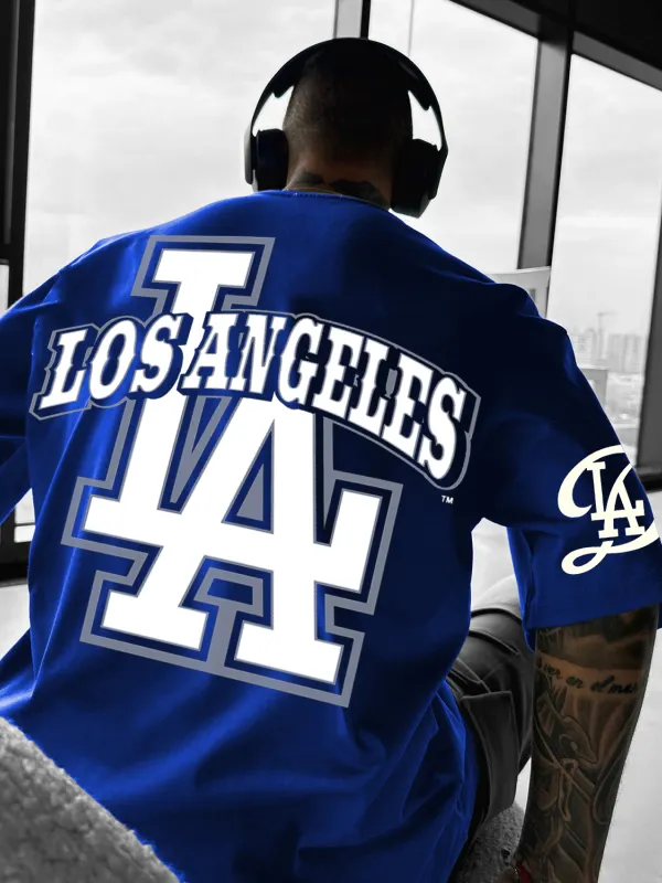 Men's Los Angeles Dodgers Lettering Print Oversized Blue T-shirt - Simplyion.com 